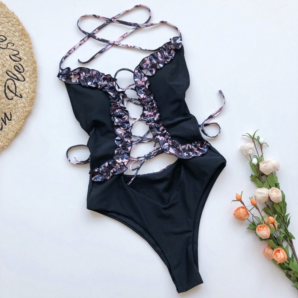 🔥Ruffled Cut Lace Tie One Piece Bathing Suit - Picture 2 of 4